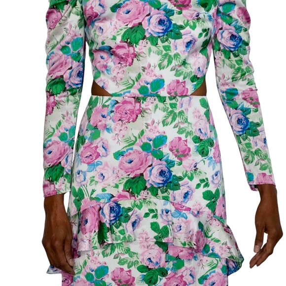 Wayf Pink Floral Print on White Satin Long Sleeve Dress with Side Cut Outs - NWT - Picture 6 of 12
